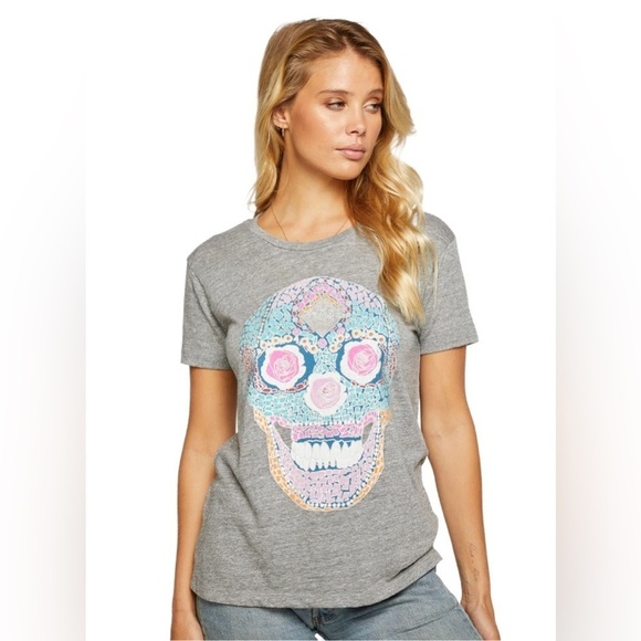 CHASER Day of the Dead colorful skull Cotton Blend Tshirt in grey, Medium - Picture 2 of 7